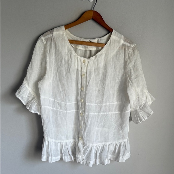 TROVATA BIRDS OF PARADISE Linen blend Button Front Ruffle Hem Blouse medium - Picture 2 of 11